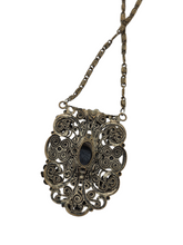 Load image into Gallery viewer, 1930s Czech Black Filigree Earrings, Brooch and Necklace Set
