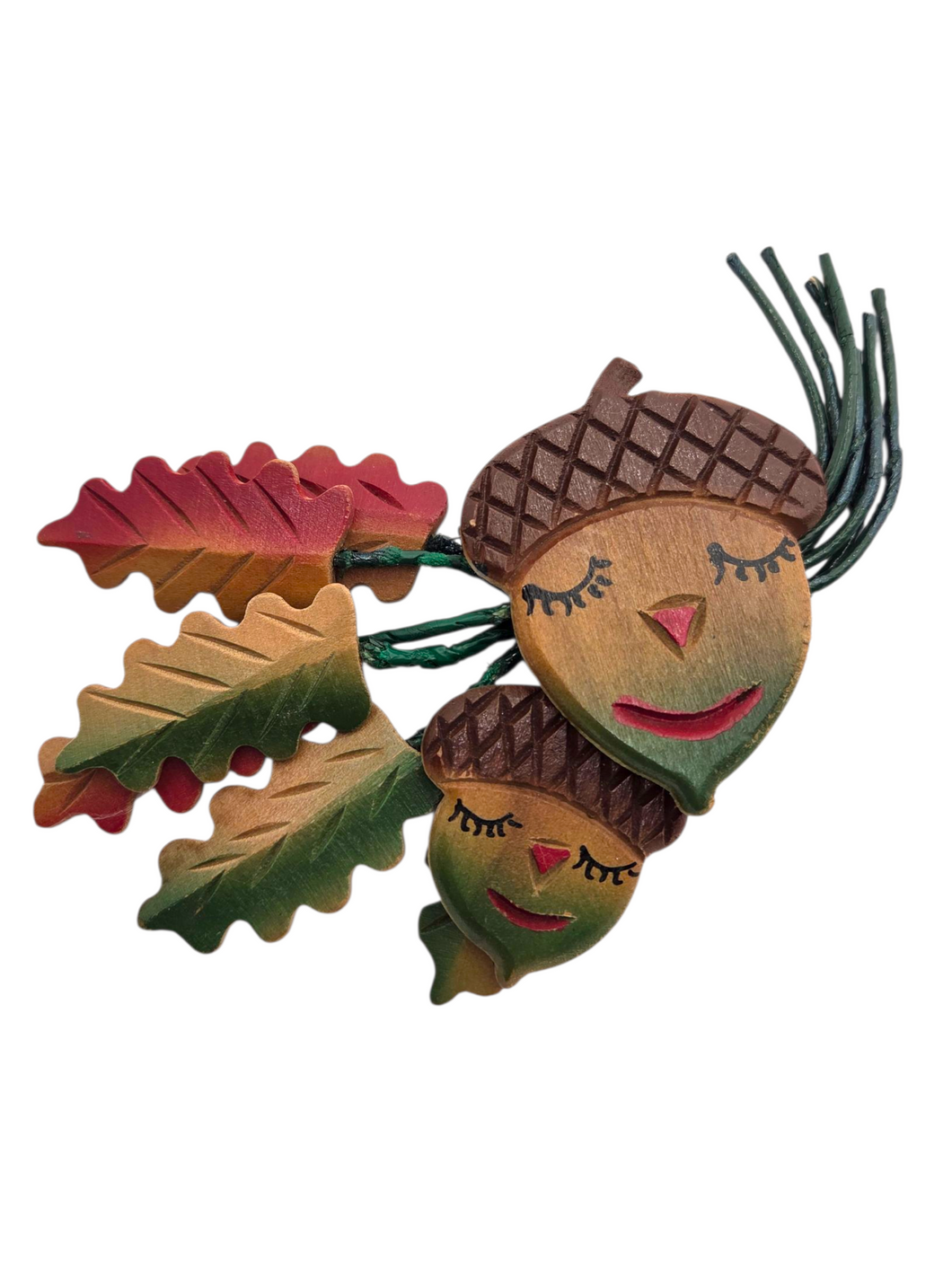 1940s HUGE RARE Painted Wood Leaf and Acorn Brooch