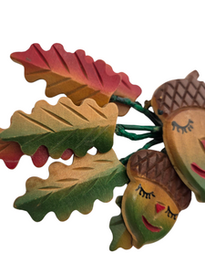 1940s HUGE RARE Painted Wood Leaf and Acorn Brooch