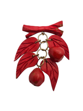 Load image into Gallery viewer, 1940s Red Carved Wood Leaf and Nut Brooch

