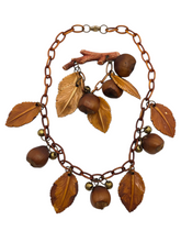 Load image into Gallery viewer, 1940s Cinnamon Brown Acorn and Leaf Necklace and Brooch Set
