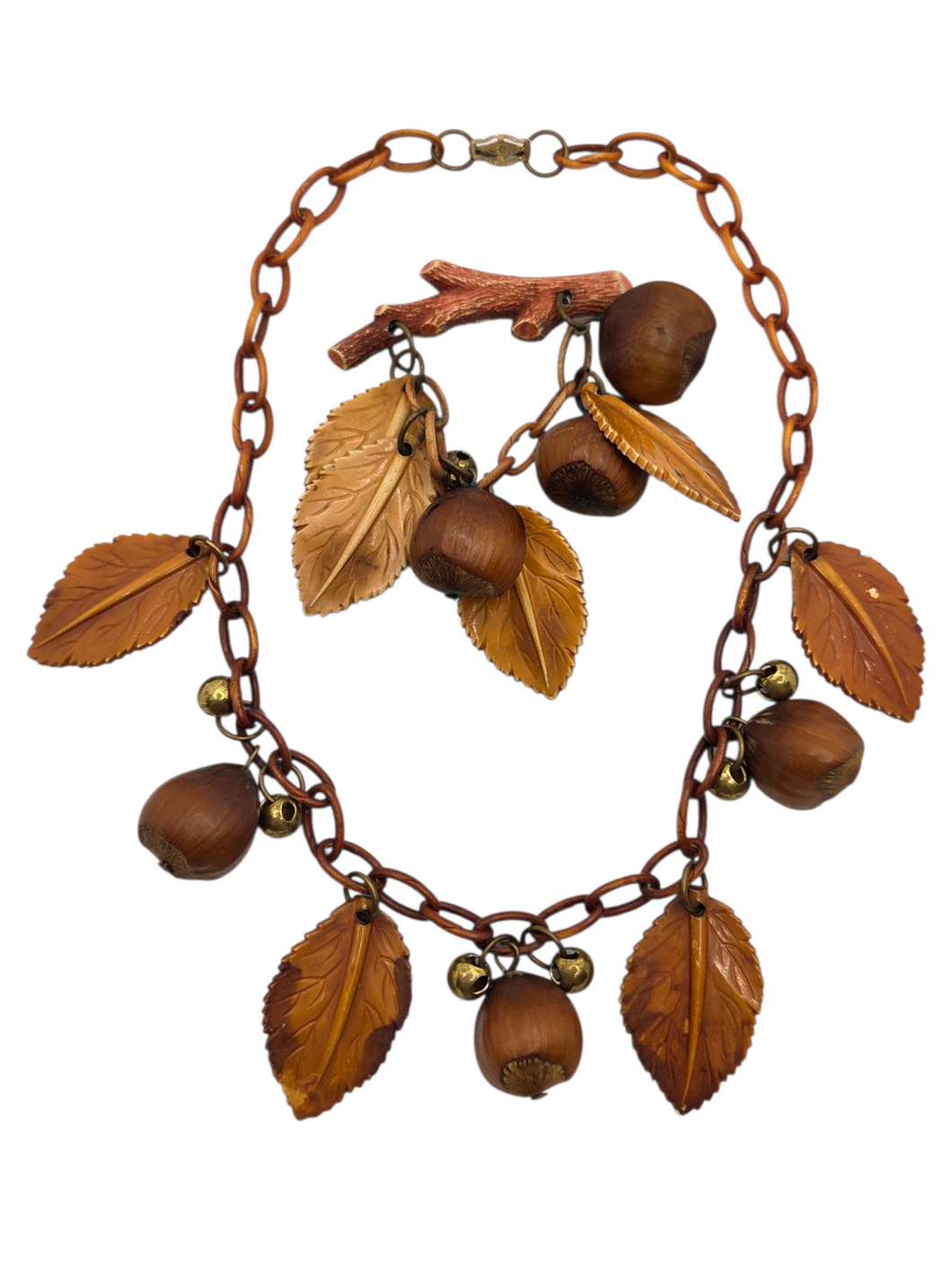 1940s Cinnamon Brown Acorn and Leaf Necklace and Brooch Set