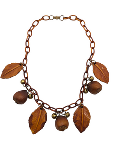 1940s Cinnamon Brown Acorn and Leaf Necklace and Brooch Set