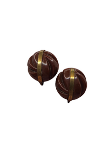 1940s Carved Brown Bakelite And Brass Screwback Earrings