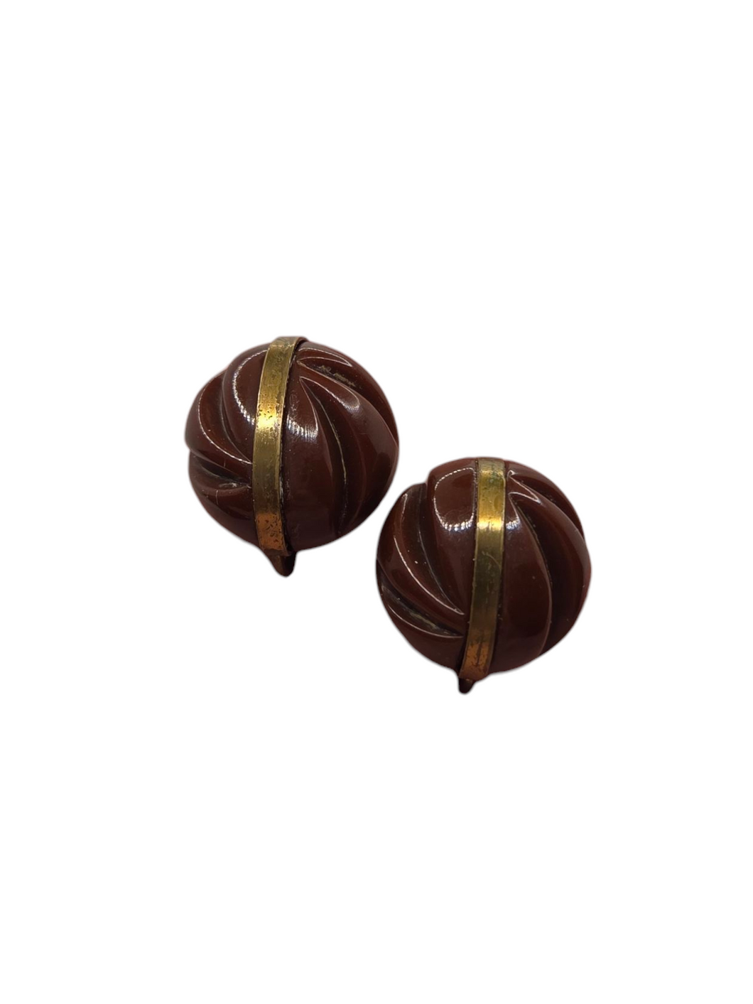 1940s Carved Brown Bakelite And Brass Screwback Earrings