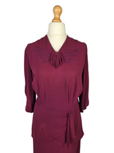 Load image into Gallery viewer, 1940s Raspberry/Burgundy Soutache Peplum Dress
