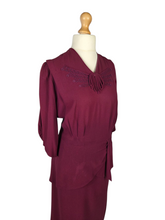 Load image into Gallery viewer, 1940s Raspberry/Burgundy Soutache Peplum Dress
