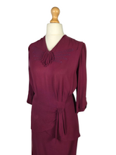Load image into Gallery viewer, 1940s Raspberry/Burgundy Soutache Peplum Dress
