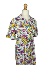 Load image into Gallery viewer, 1940s Yellow and Burgundy Floral Shirtwaister Dress With Green Buttons and Buckle
