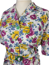 Load image into Gallery viewer, 1940s Yellow and Burgundy Floral Shirtwaister Dress With Green Buttons and Buckle
