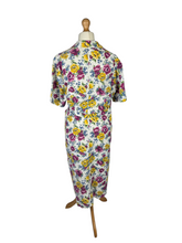 Load image into Gallery viewer, 1940s Yellow and Burgundy Floral Shirtwaister Dress With Green Buttons and Buckle
