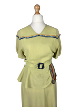 Load image into Gallery viewer, 1940s Chartreuse Green Crepe Dress With Blue Galalith Buckle and Rainbow Sash
