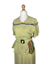 Load image into Gallery viewer, 1940s Chartreuse Green Crepe Dress With Blue Galalith Buckle and Rainbow Sash
