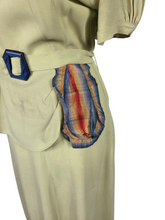 Load image into Gallery viewer, 1940s Chartreuse Green Crepe Dress With Blue Galalith Buckle and Rainbow Sash
