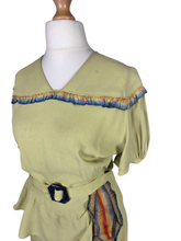 Load image into Gallery viewer, 1940s Chartreuse Green Crepe Dress With Blue Galalith Buckle and Rainbow Sash
