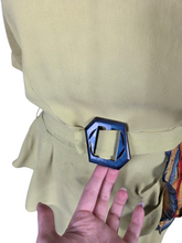Load image into Gallery viewer, 1940s Chartreuse Green Crepe Dress With Blue Galalith Buckle and Rainbow Sash
