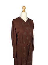 Load image into Gallery viewer, 1930s/1940s Brown Wool Crepe Green Beaded Dress
