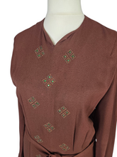 Load image into Gallery viewer, 1930s/1940s Brown Wool Crepe Green Beaded Dress
