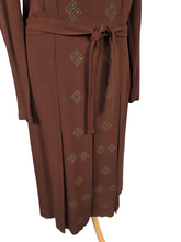 Load image into Gallery viewer, 1930s/1940s Brown Wool Crepe Green Beaded Dress
