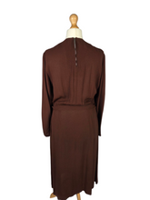 Load image into Gallery viewer, 1930s/1940s Brown Wool Crepe Green Beaded Dress
