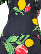 Load image into Gallery viewer, 1940s Navy Blue and Multicoloured Tulip Peplum Dress

