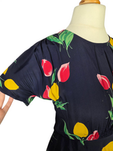 Load image into Gallery viewer, 1940s Navy Blue and Multicoloured Tulip Peplum Dress
