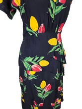 Load image into Gallery viewer, 1940s Navy Blue and Multicoloured Tulip Peplum Dress
