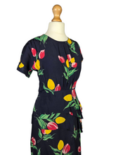 Load image into Gallery viewer, 1940s Navy Blue and Multicoloured Tulip Peplum Dress
