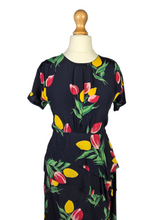 Load image into Gallery viewer, 1940s Navy Blue and Multicoloured Tulip Peplum Dress
