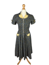 Load image into Gallery viewer, 1940s Black and Yellow Floral Zip Front Dress
