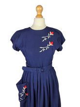 Load image into Gallery viewer, 1940s Royal Blue Pleated Dress With Red and White Flowers
