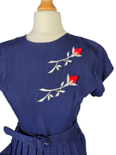Load image into Gallery viewer, 1940s Royal Blue Pleated Dress With Red and White Flowers
