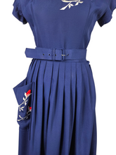 Load image into Gallery viewer, 1940s Royal Blue Pleated Dress With Red and White Flowers
