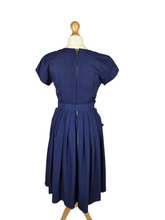 Load image into Gallery viewer, 1940s Royal Blue Pleated Dress With Red and White Flowers
