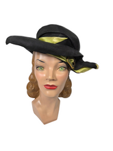 Load image into Gallery viewer, 1920s Black Raffia Hat With Green Ribbon and Buckle
