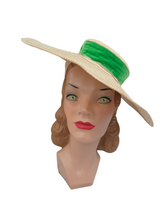 Load image into Gallery viewer, 1940s Off White Huge Raffia Straw Hat With Green Velvet Ribbon
