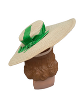 Load image into Gallery viewer, 1940s Off White Huge Raffia Straw Hat With Green Velvet Ribbon
