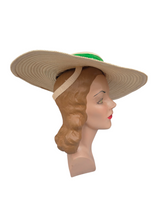 Load image into Gallery viewer, 1940s Off White Huge Raffia Straw Hat With Green Velvet Ribbon

