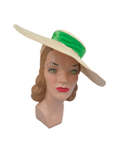 Load image into Gallery viewer, 1940s Off White Huge Raffia Straw Hat With Green Velvet Ribbon
