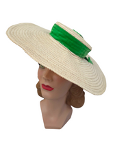 Load image into Gallery viewer, 1940s Off White Huge Raffia Straw Hat With Green Velvet Ribbon
