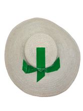 Load image into Gallery viewer, 1940s Off White Huge Raffia Straw Hat With Green Velvet Ribbon
