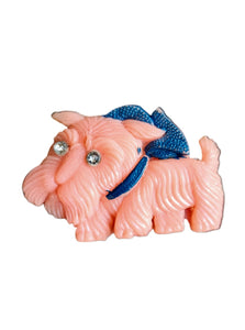 1940s Pale Pink Celluloid Dog With Blue Scarf Brooch