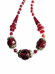 1930s Art Deco Red Czech Glass and Gold Tone Necklace