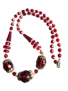 1930s Art Deco Red Czech Glass and Gold Tone Necklace