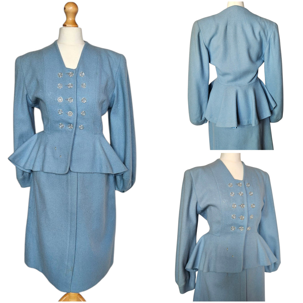 Late 1940s/Early 1950s Powder Blue Peplum Balloon Sleeve Suit