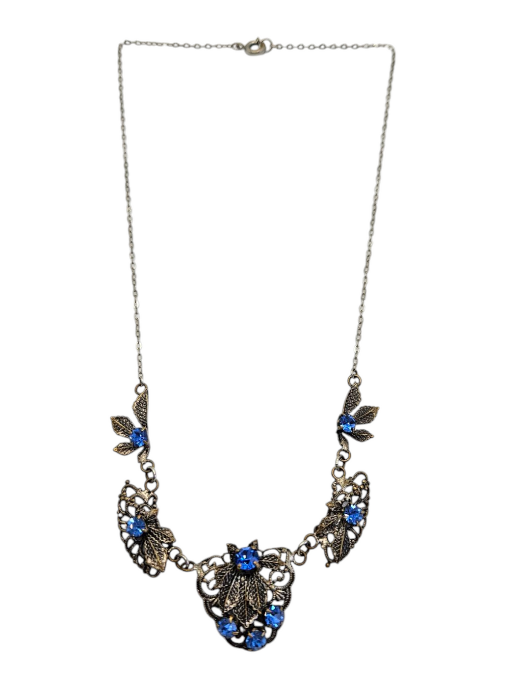 1930s Czech Blue Glass and Filigree Necklace