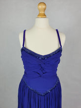 Load image into Gallery viewer, 1940s Purple/Blue Dress With Drape at The Back, Beading and Pleating
