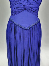 Load image into Gallery viewer, 1940s Purple/Blue Dress With Drape at The Back, Beading and Pleating
