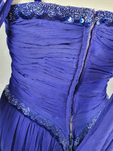 Load image into Gallery viewer, 1940s Purple/Blue Dress With Drape at The Back, Beading and Pleating

