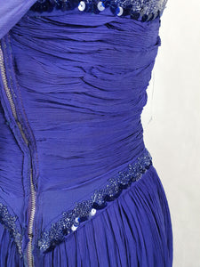 1940s Purple/Blue Dress With Drape at The Back, Beading and Pleating